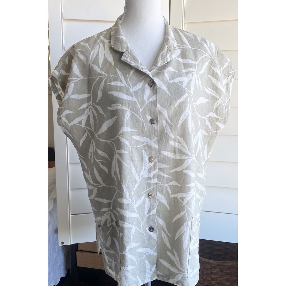 Click By Color Me Cotton Womens L‎ 100% Linen Button Top Bamboo Leaf Neutral Tan